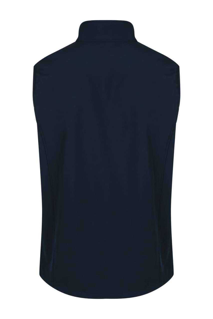 A dark navy work vest with a high collar and no sleeves, featuring branding on the back.
