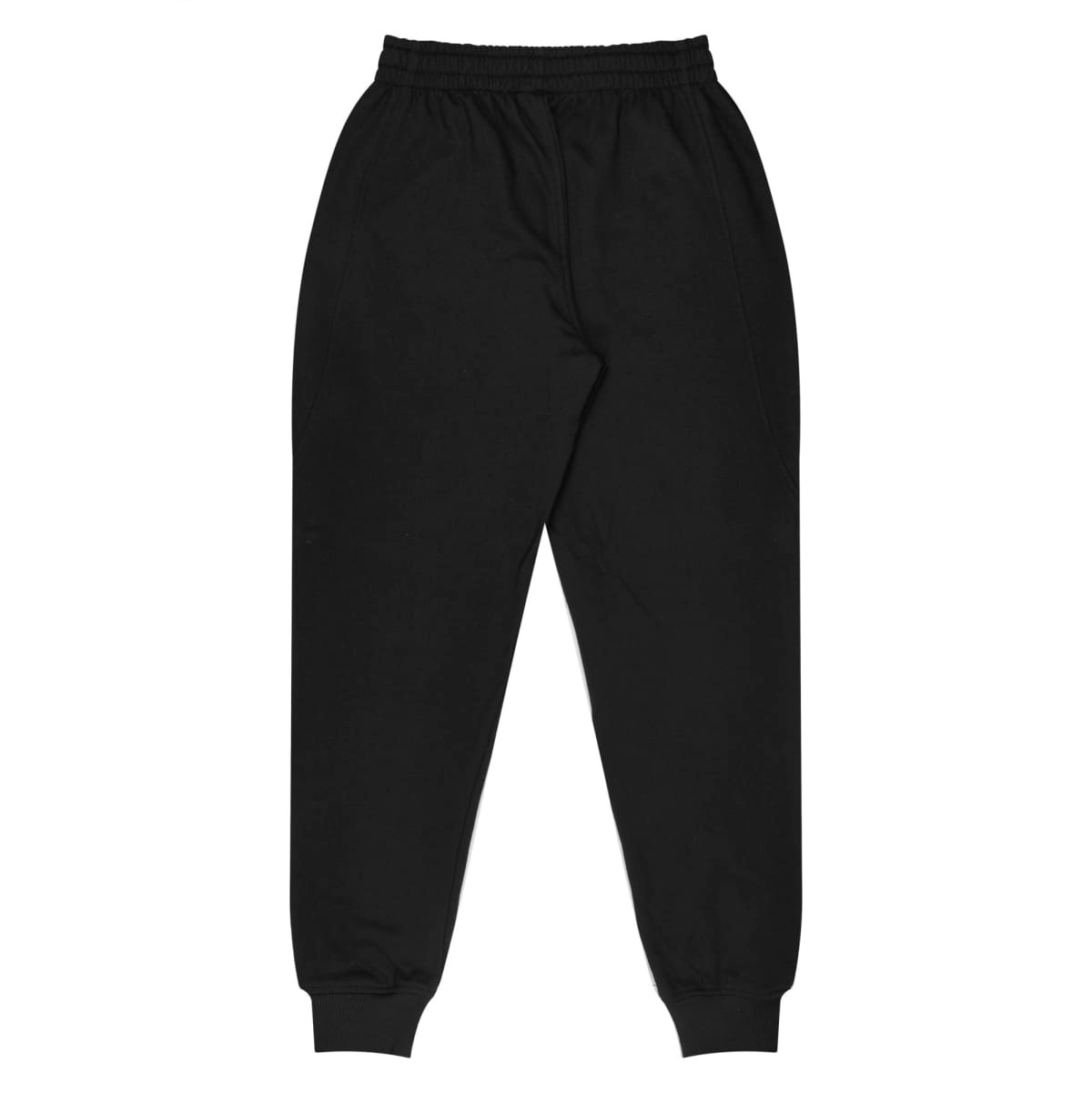 Black tapered fleece kids pants with an elastic waistband and cuffed hems. Features pockets and a brand logo.