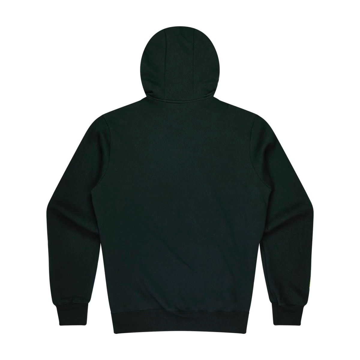A dark green hoodie featuring a kangaroo pocket and a hood, with a plain back view.