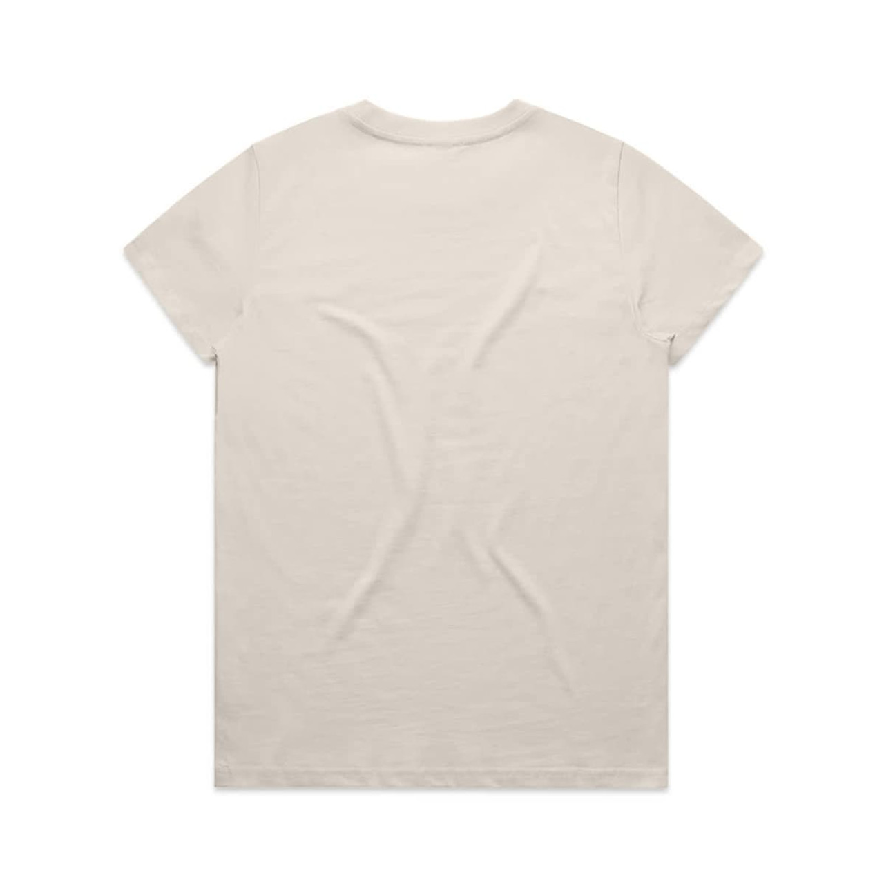 A beige T-shirt with a simple design and a logo on the back.