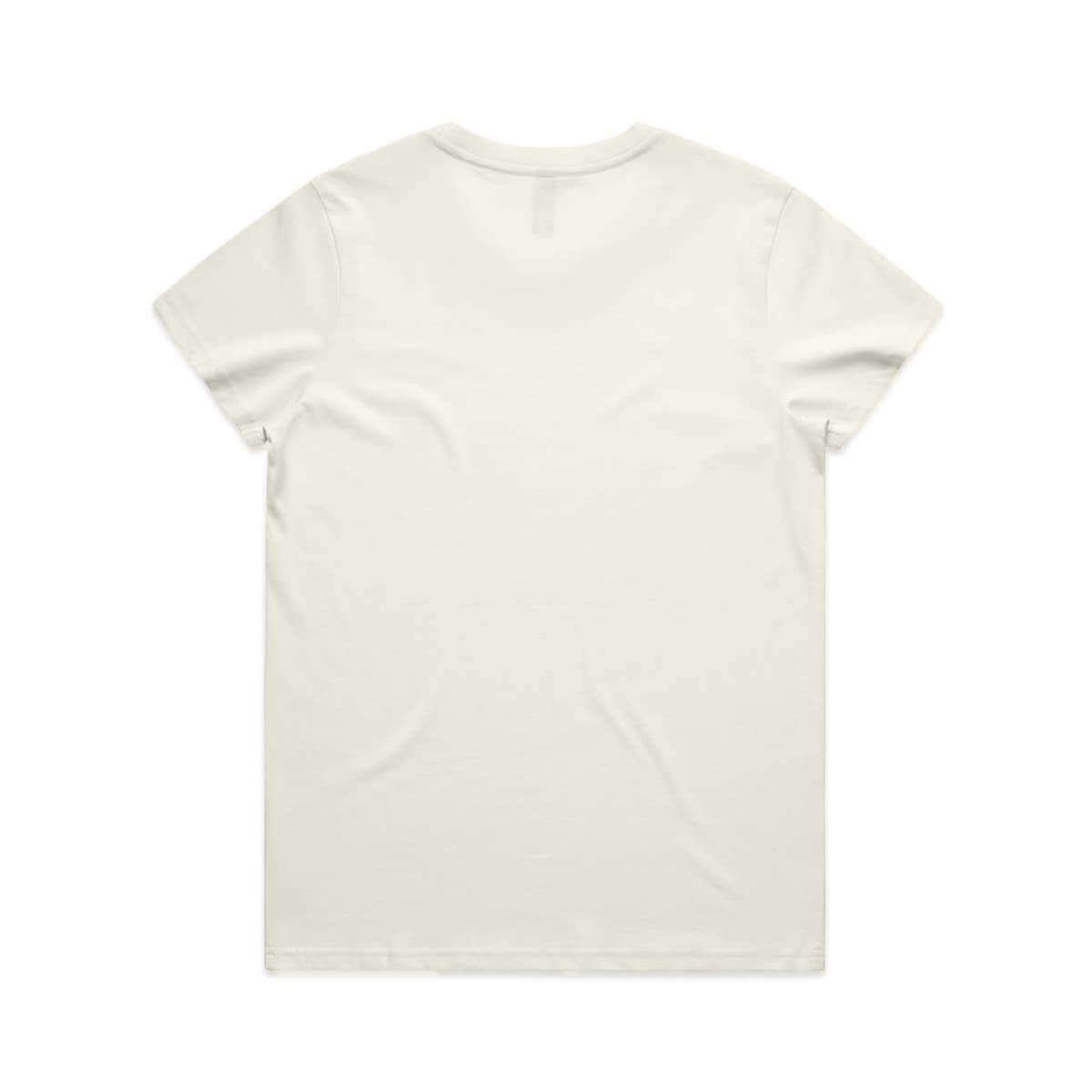 A plain cream-coloured t-shirt with short sleeves and a round neckline, featuring a logo on the back.