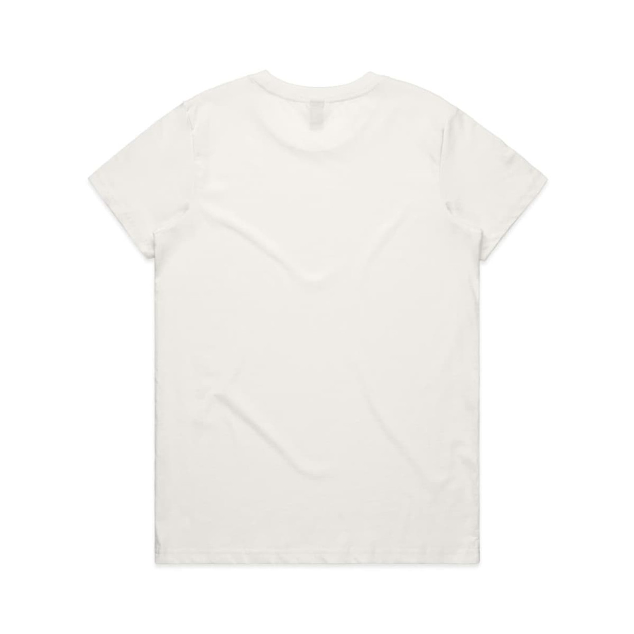 A plain white T-shirt featuring a simple design and a logo on the back.