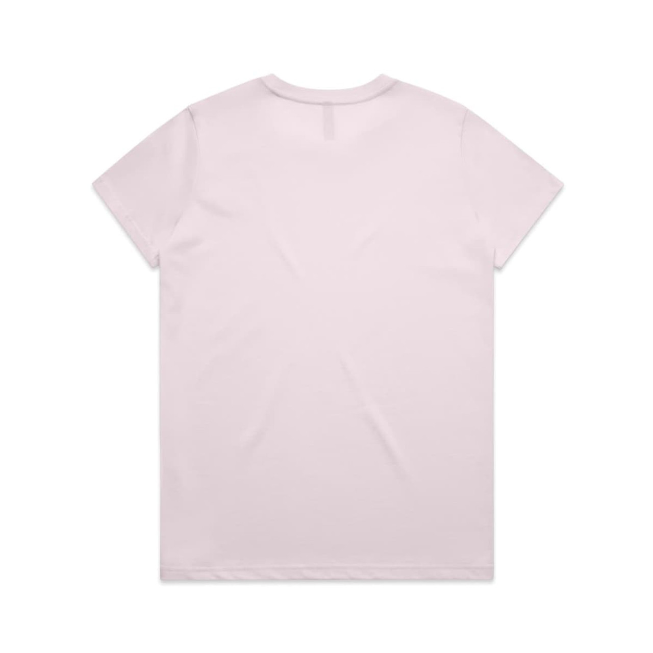 A plain light pink T-shirt with a round neckline and short sleeves, featuring a logo on the back.