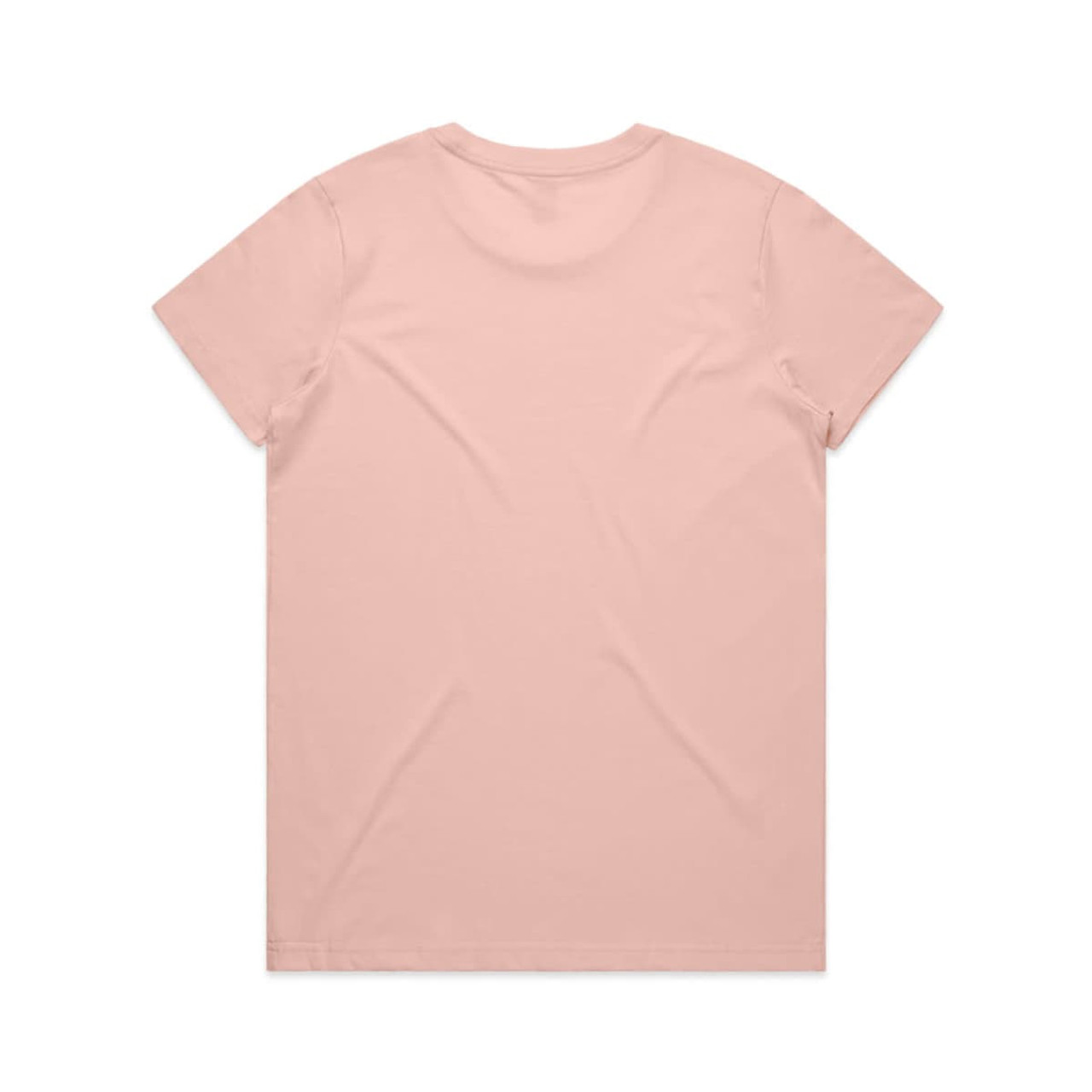 A light pink T-shirt with a round neck and short sleeves, featuring a plain back and a branding logo.