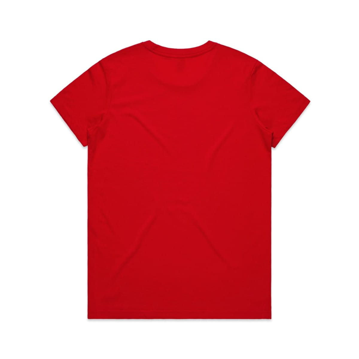 A red T-shirt featuring a plain design and a logo on the back.