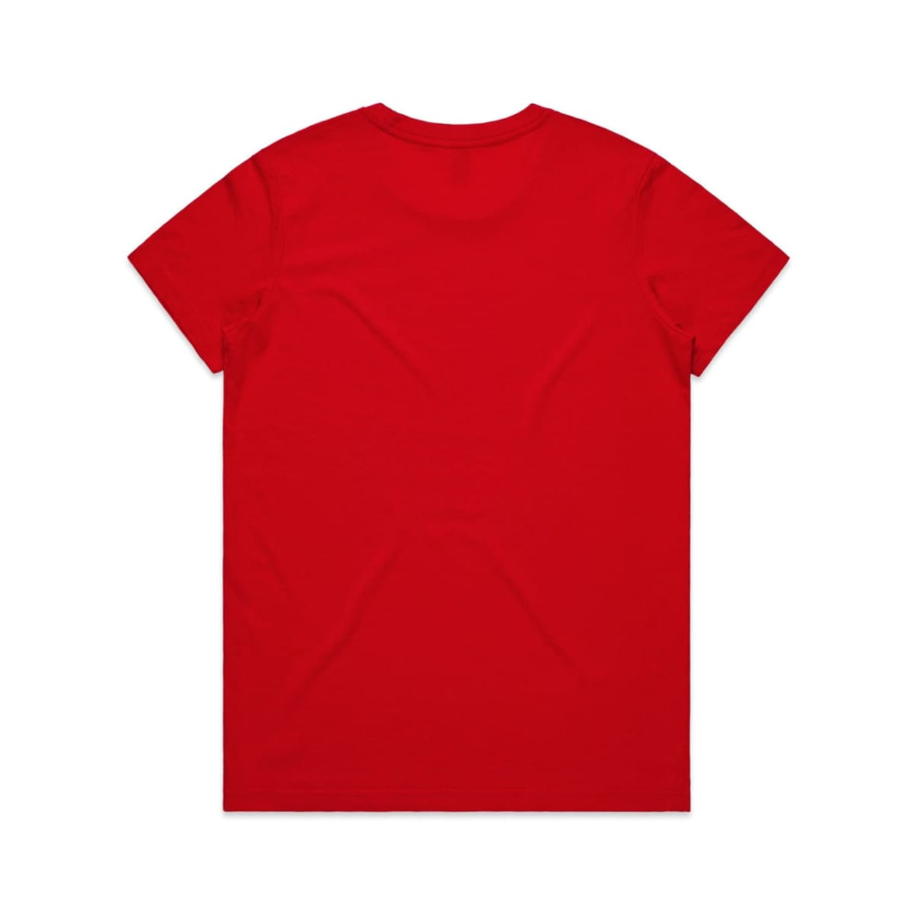 A red T-shirt featuring a plain design and a logo on the back.
