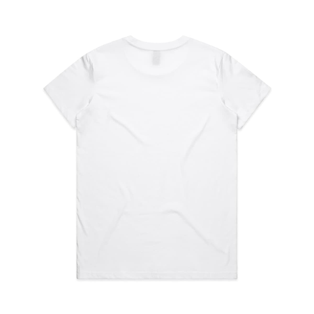 A white t-shirt with a classic crew neck and short sleeves, featuring a plain back and a logo on the tag.
