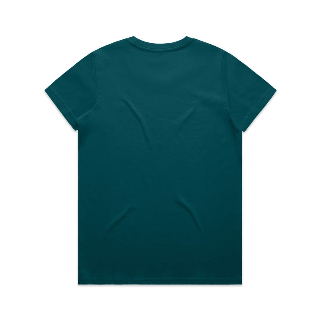 A teal t-shirt featuring a plain back design and a logo on the neckline area.