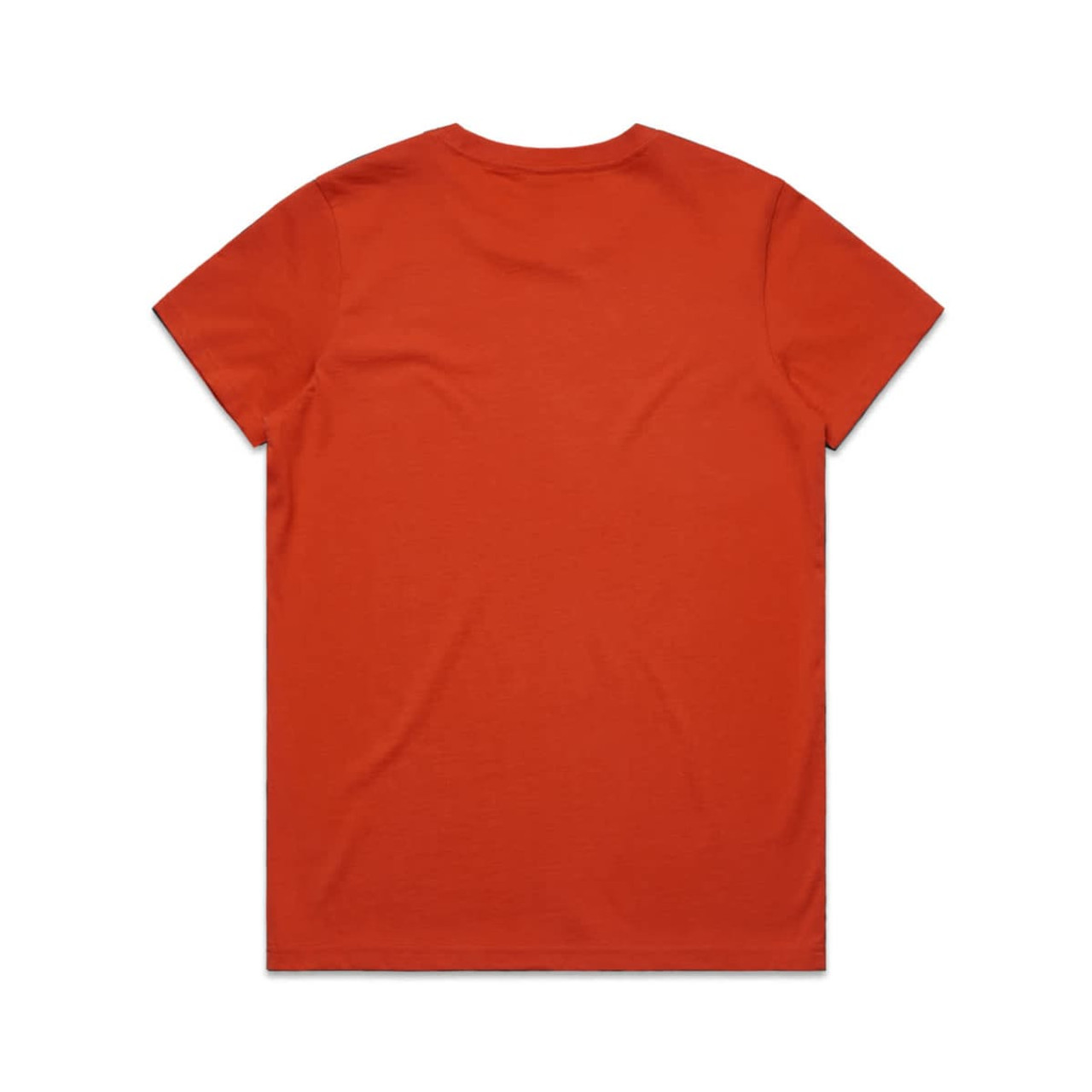 An orange t-shirt with a plain back design and a branding logo at the neck.