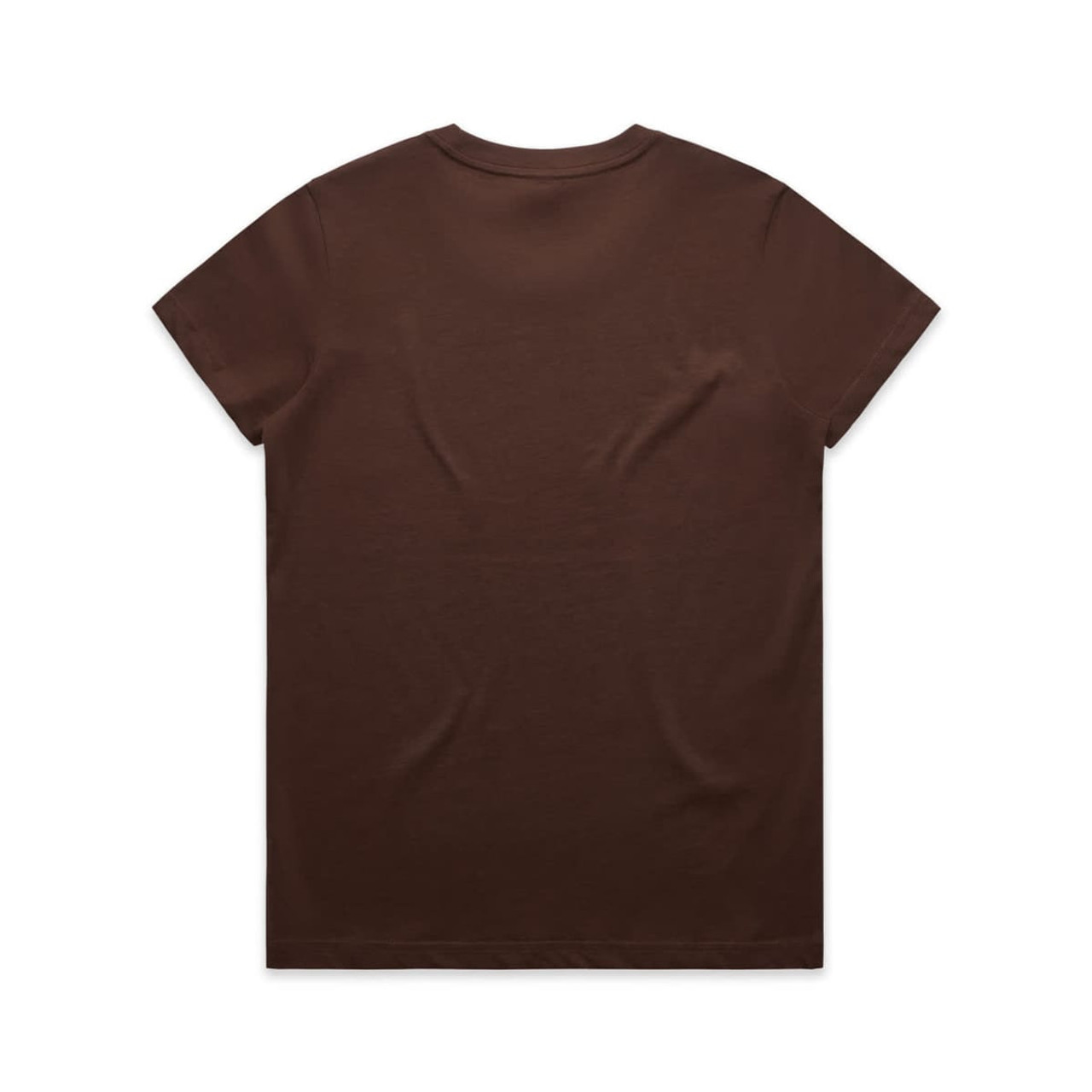 A brown t-shirt with short sleeves and a plain back. It features a logo on the back.