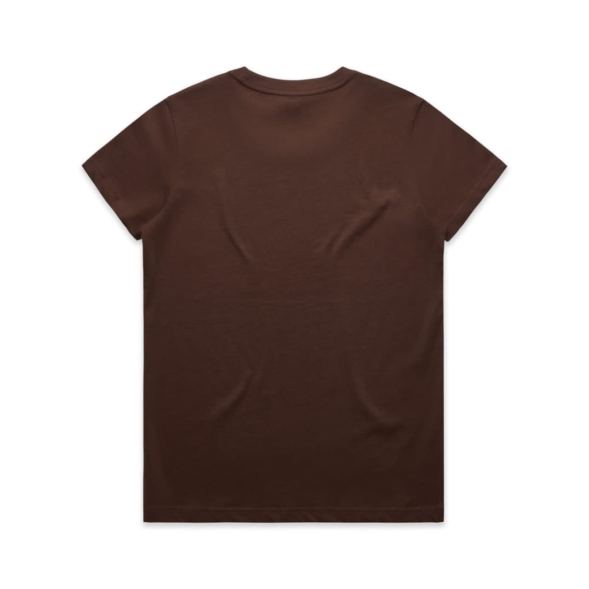 A brown t-shirt with short sleeves and a plain back. It features a logo on the back.