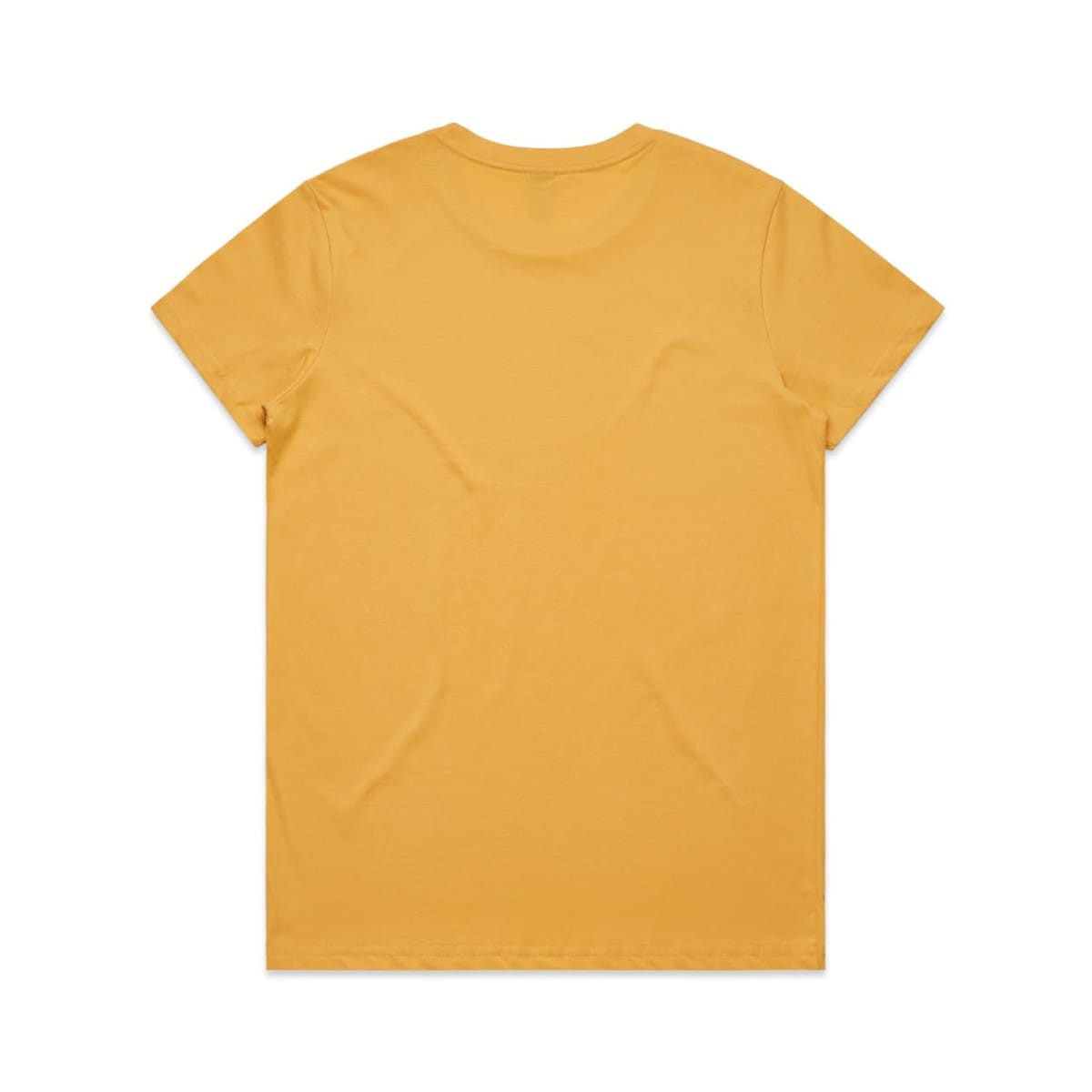 A yellow T-shirt with a plain back and a logo on the neckline.