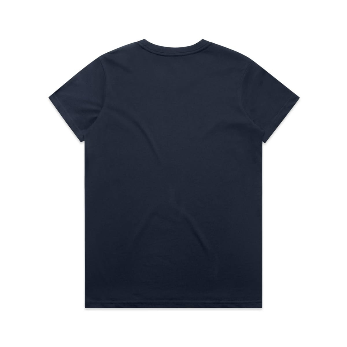 A navy blue T-shirt with a simple design and a logo. The back view shows a smooth, plain surface.