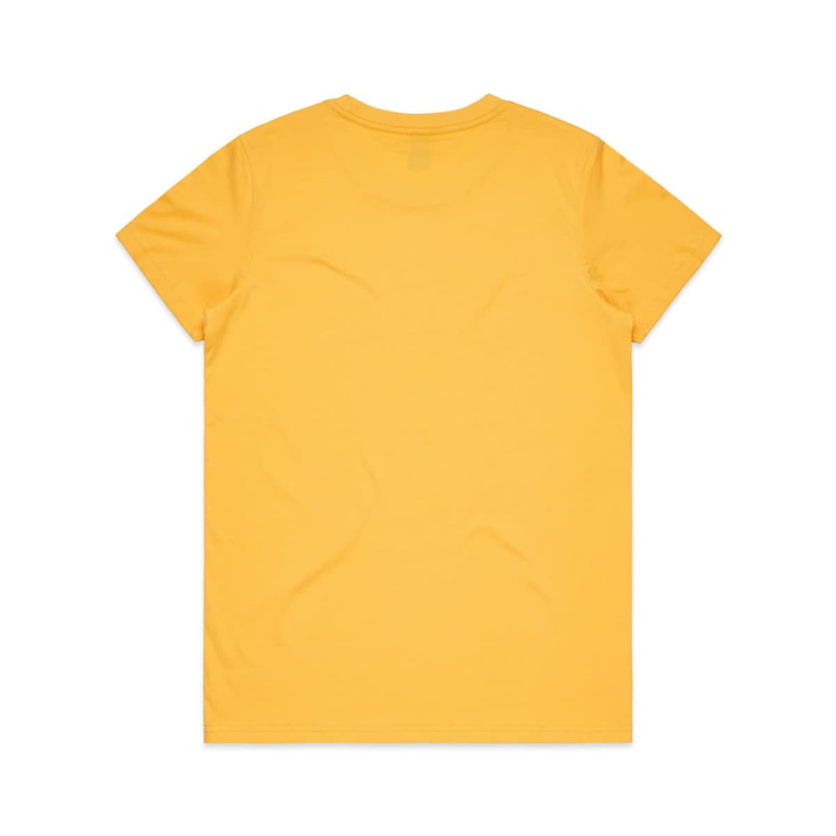 A yellow T-shirt with a smooth finish and a round neckline. The back is plain with no design elements.