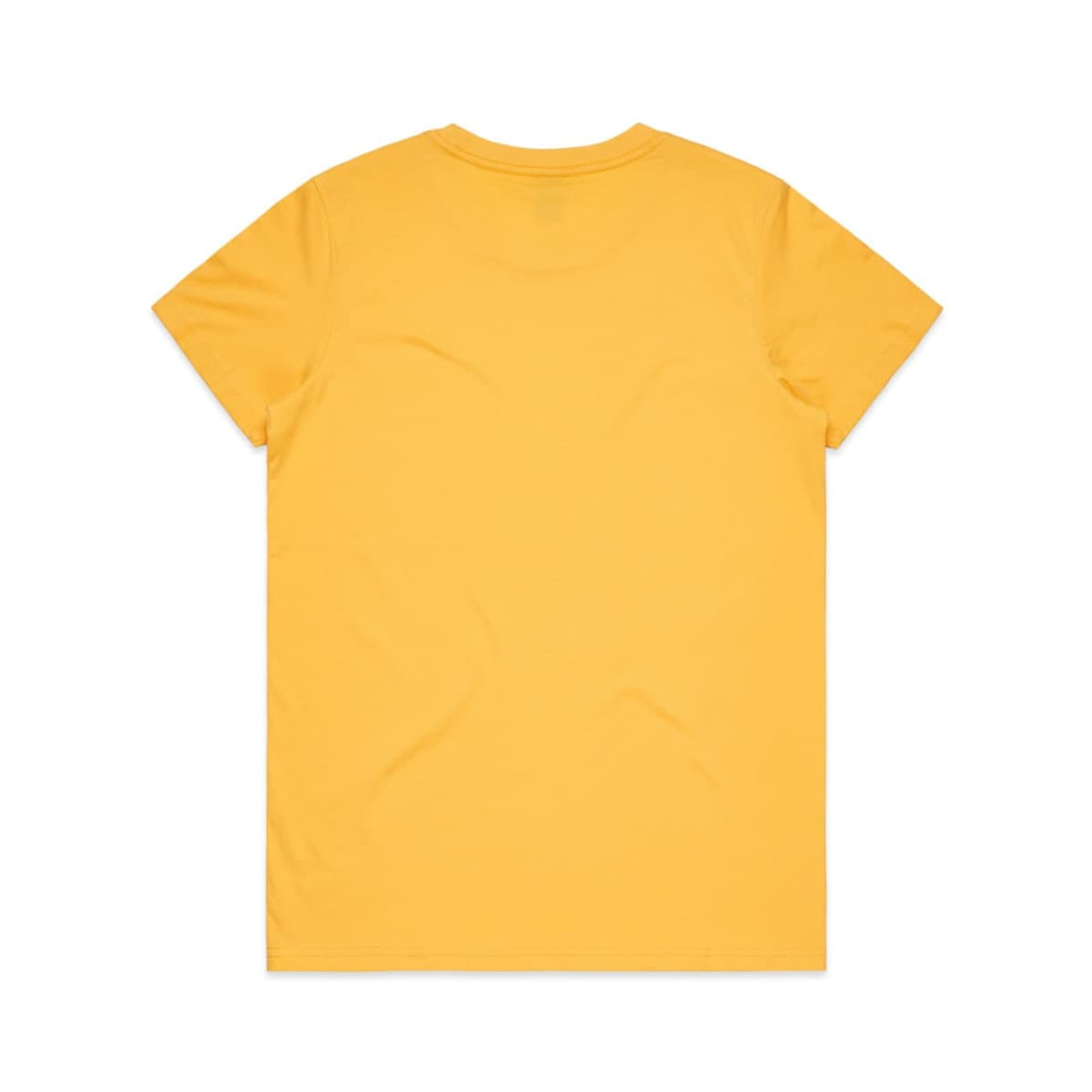 A yellow T-shirt with a smooth finish and a round neckline. The back is plain with no design elements.