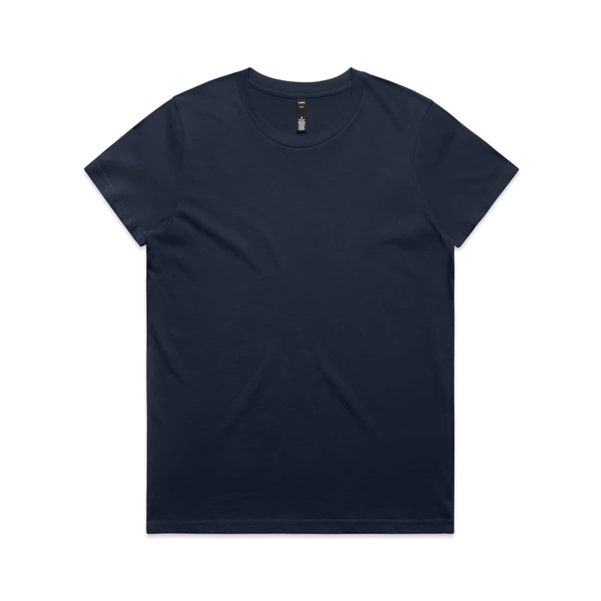 A navy blue t-shirt featuring a round neckline and short sleeves, with a logo on the inside label.