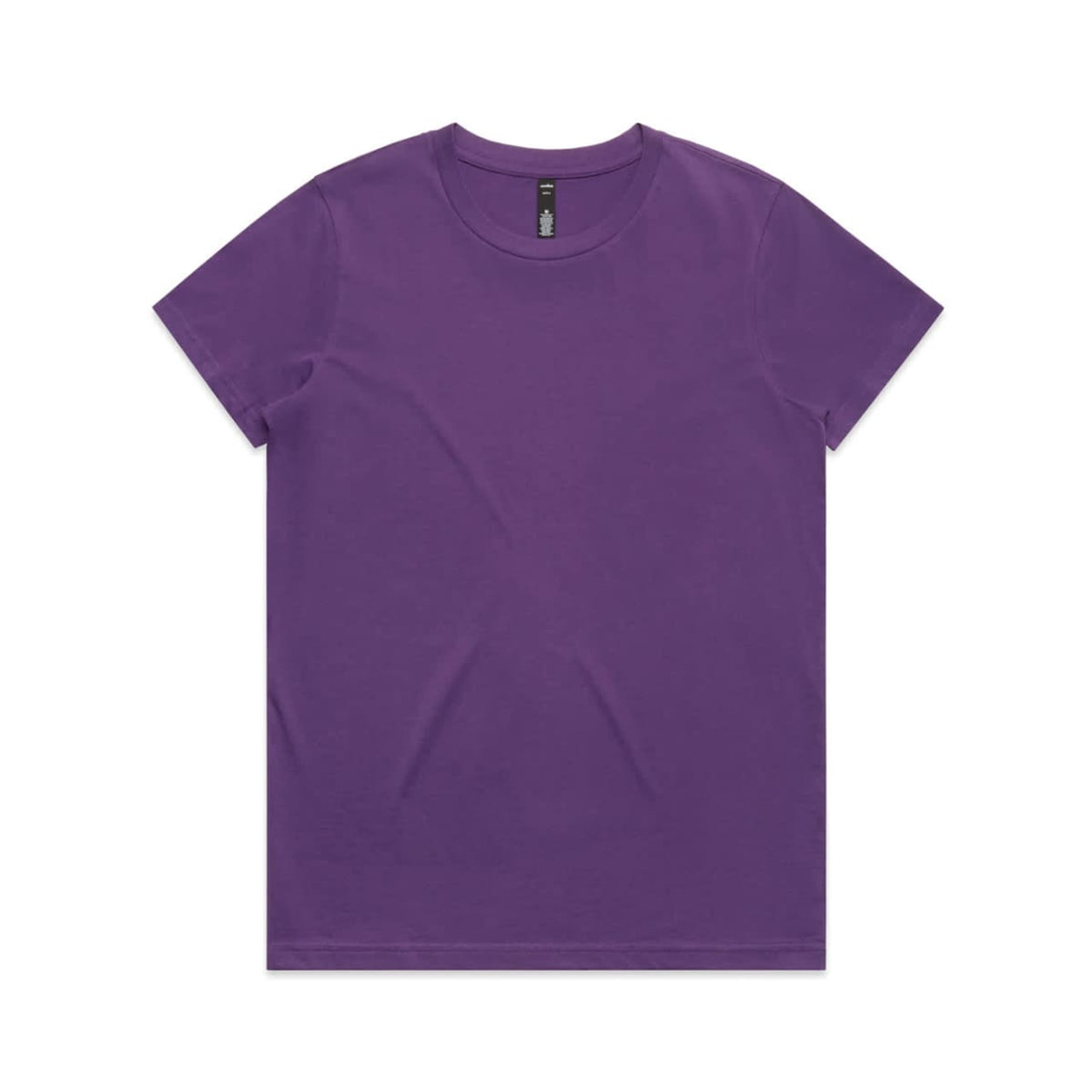 A purple t-shirt with a round neck and short sleeves, featuring a logo on the interior label.