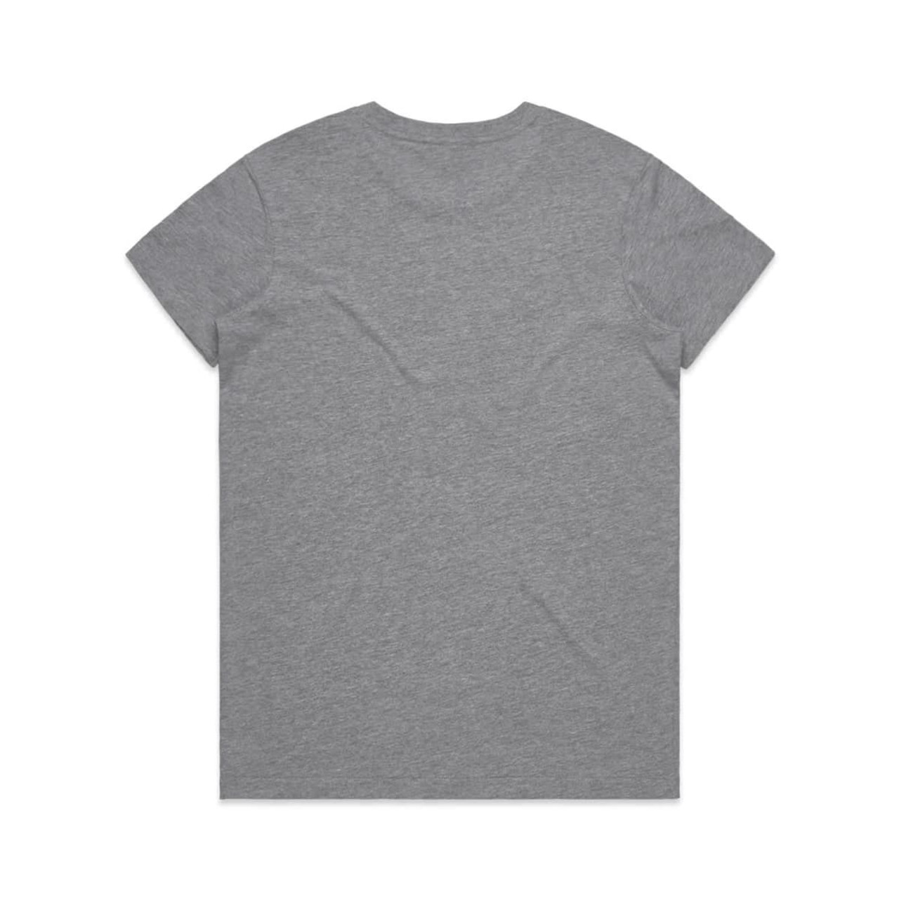 A grey t-shirt with short sleeves and a plain back, featuring a logo.