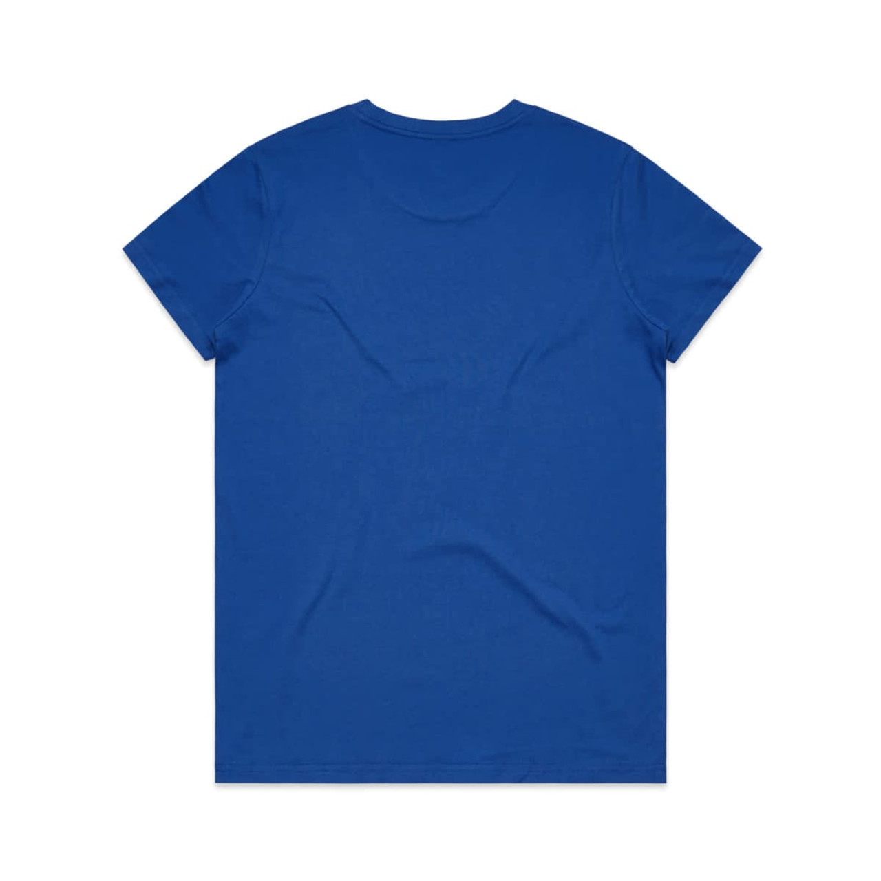 A blue t-shirt featuring a plain back design. Includes a branding logo.