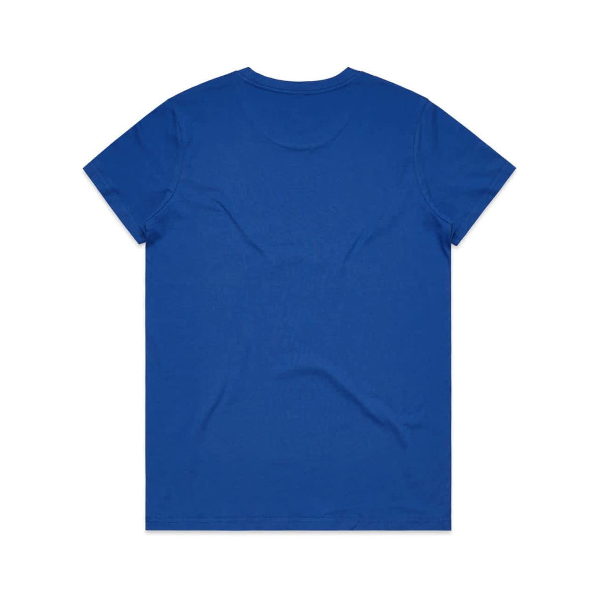 A blue t-shirt featuring a plain back design. Includes a branding logo.