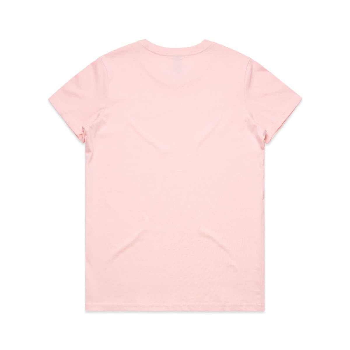 A light pink T-shirt featuring a simple design and a branding logo on the back.