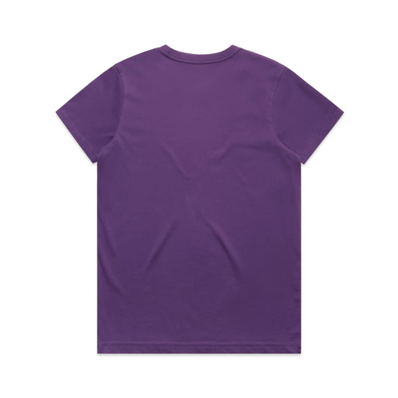 A purple t-shirt featuring a classic crew neck design. The garment has a smooth texture and short sleeves.