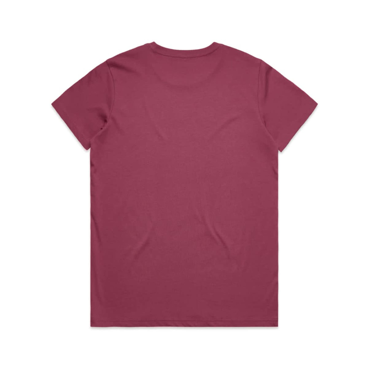 A maroon t-shirt with a standard crew neck and short sleeves, featuring a plain back and a logo on one sleeve.