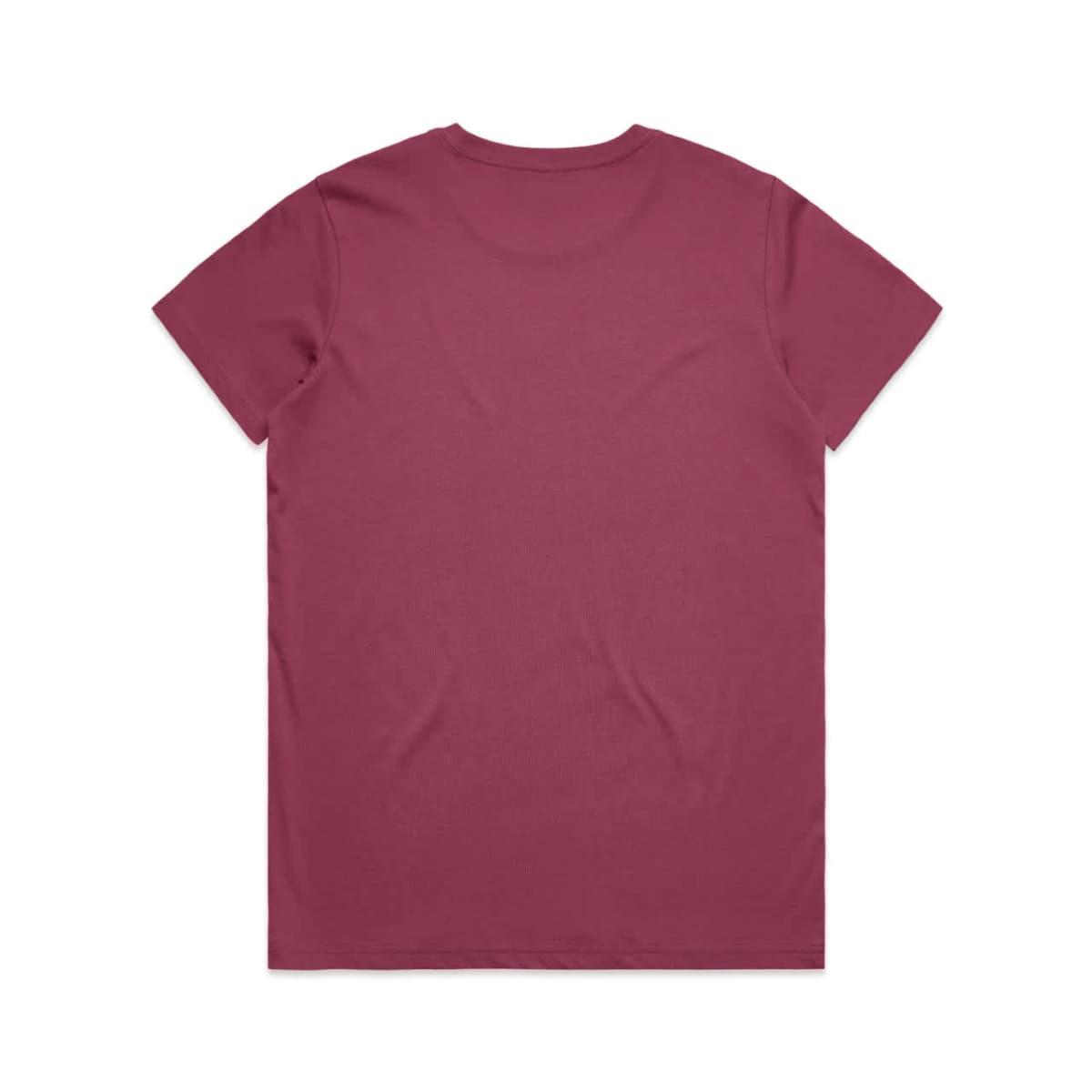 A maroon t-shirt with a standard crew neck and short sleeves, featuring a plain back and a logo on one sleeve.
