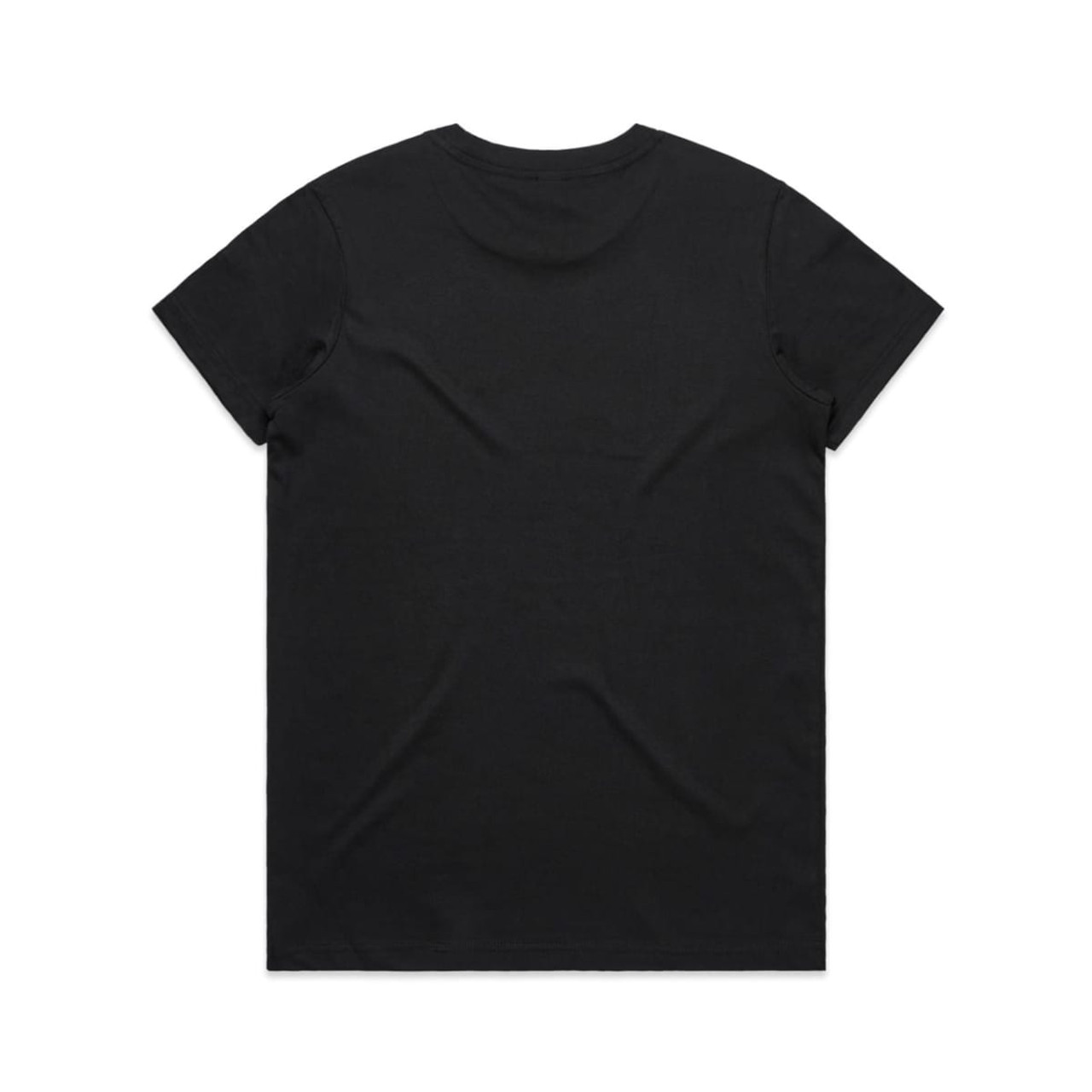 A black T-shirt featuring a plain back design and a logo.