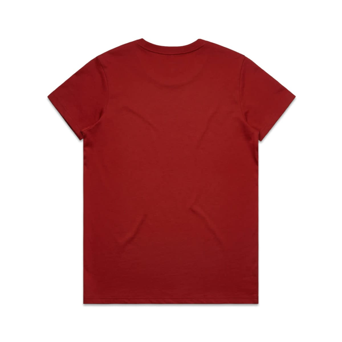 A red T-shirt with a plain back, featuring a logo on the neckline.