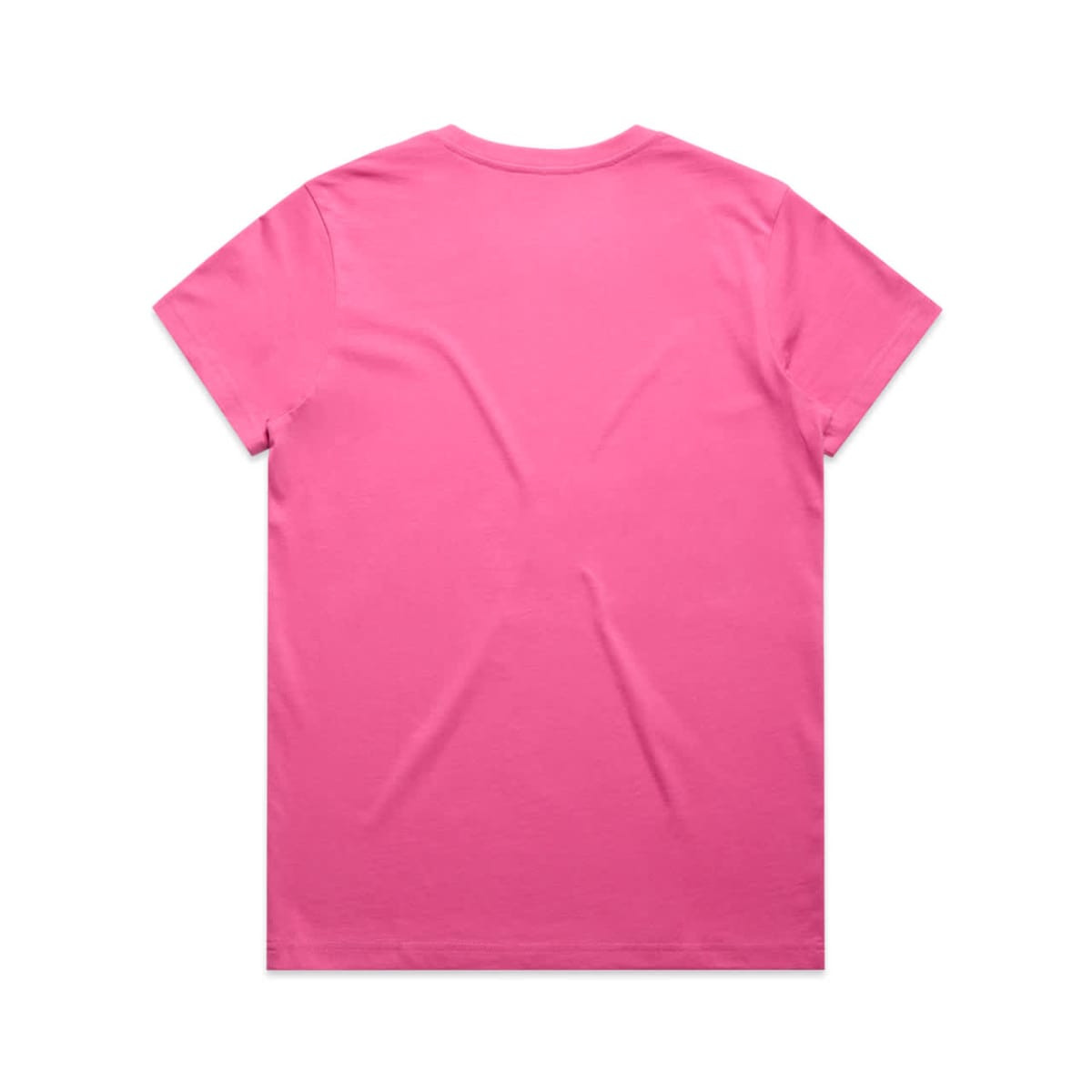 A pink t-shirt with a plain back, suitable for casual wear. It has a logo on the label.