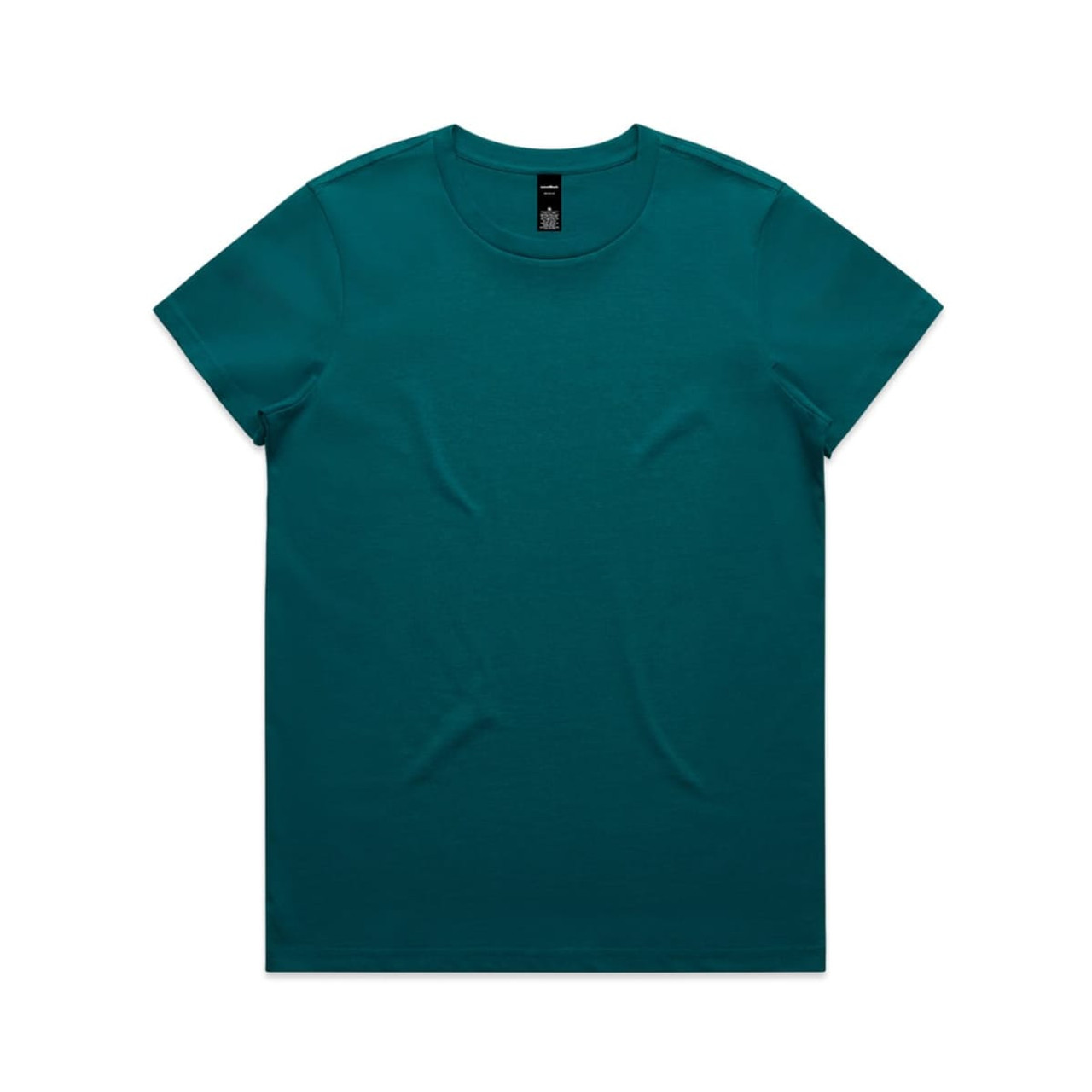 A teal T-shirt with a classic crew neckline and short sleeves, featuring a logo on the label.