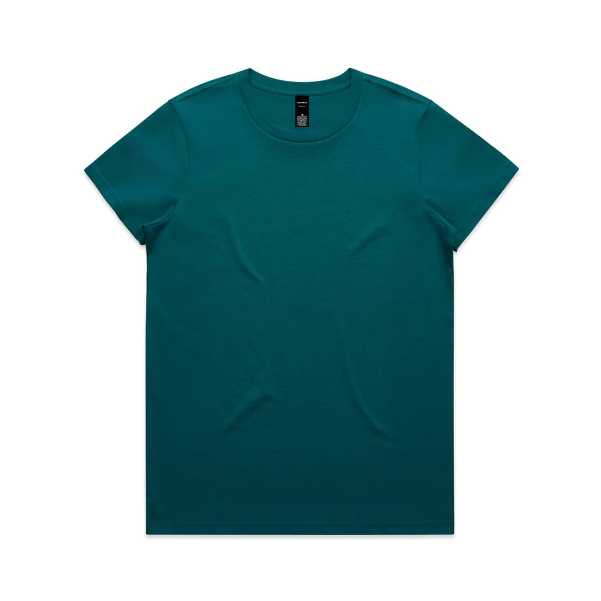 A teal T-shirt with a classic crew neckline and short sleeves, featuring a logo on the label.