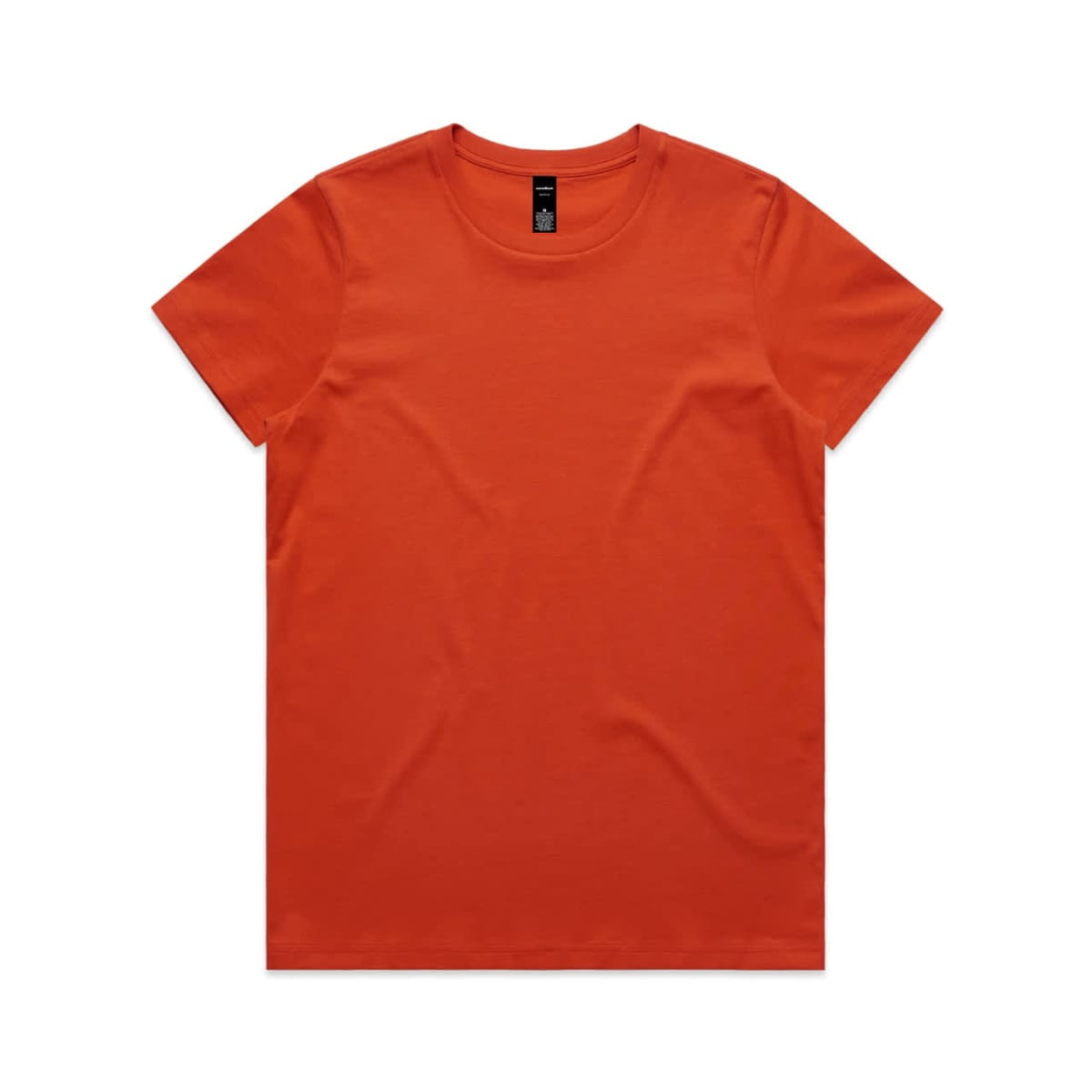 An orange t-shirt featuring a round neckline and short sleeves, with a label at the neck.