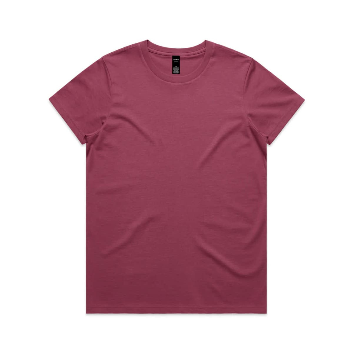A maroon T-shirt featuring a simple design and a tag, suitable for casual wear.
