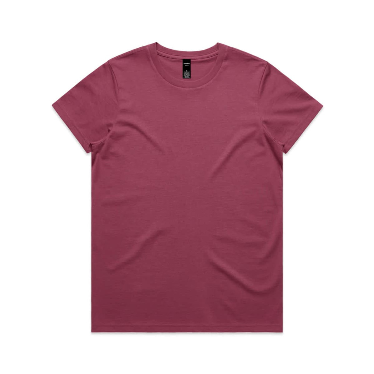 A maroon T-shirt featuring a simple design and a tag, suitable for casual wear.