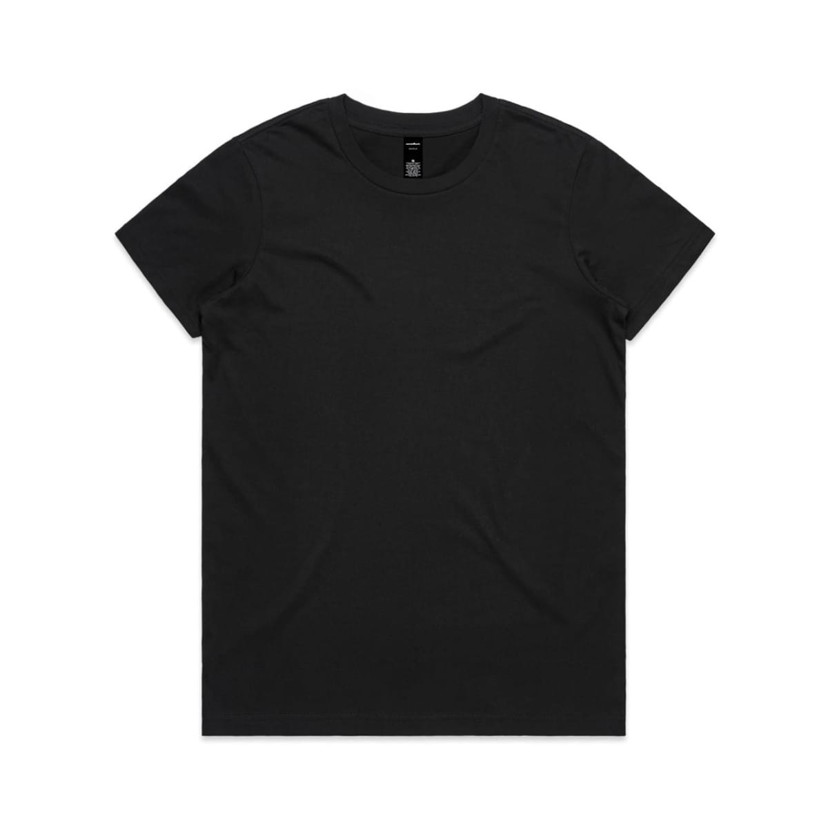 A black T-shirt featuring a round neckline and short sleeves, with a brand logo inside the collar.