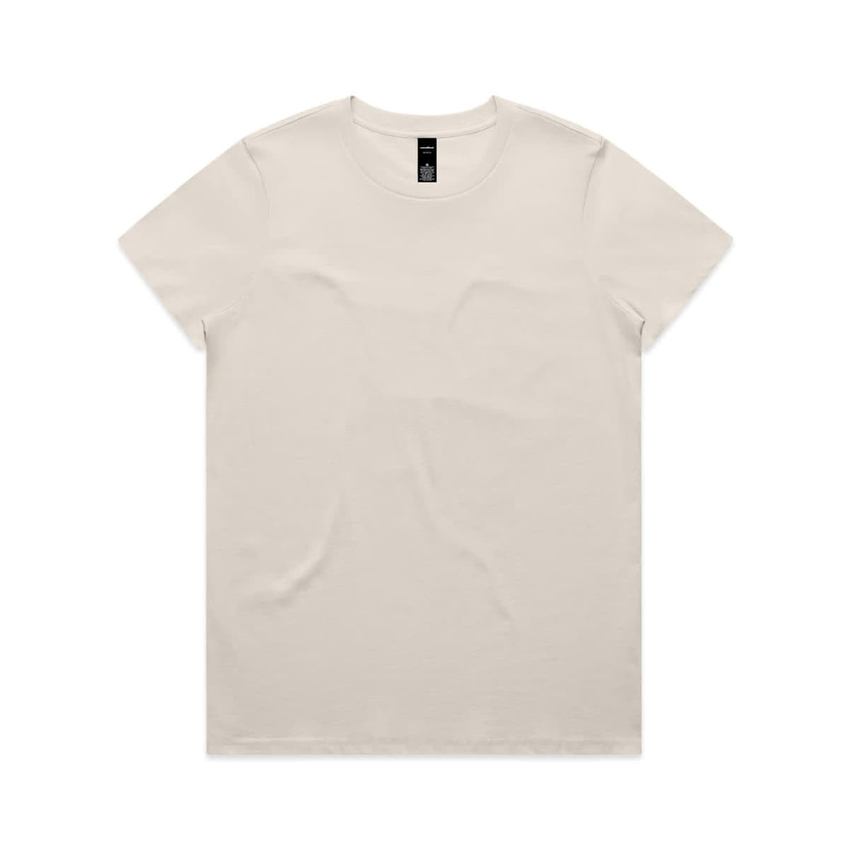 A plain cream-coloured T-shirt made of soft fabric with a simple crew neckline. It features a logo tag inside.