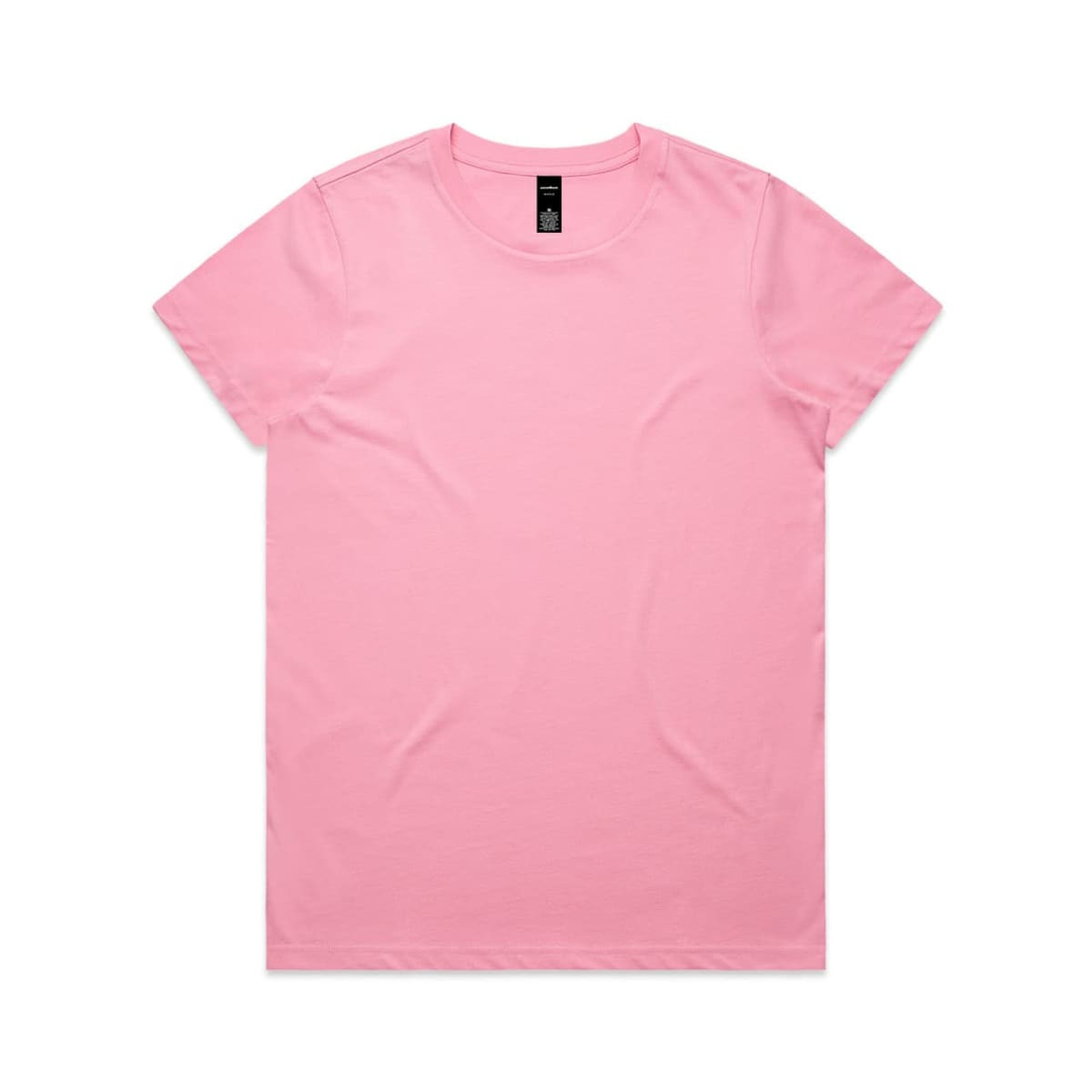 A pink T-shirt with a round neckline and short sleeves, featuring a label inside.