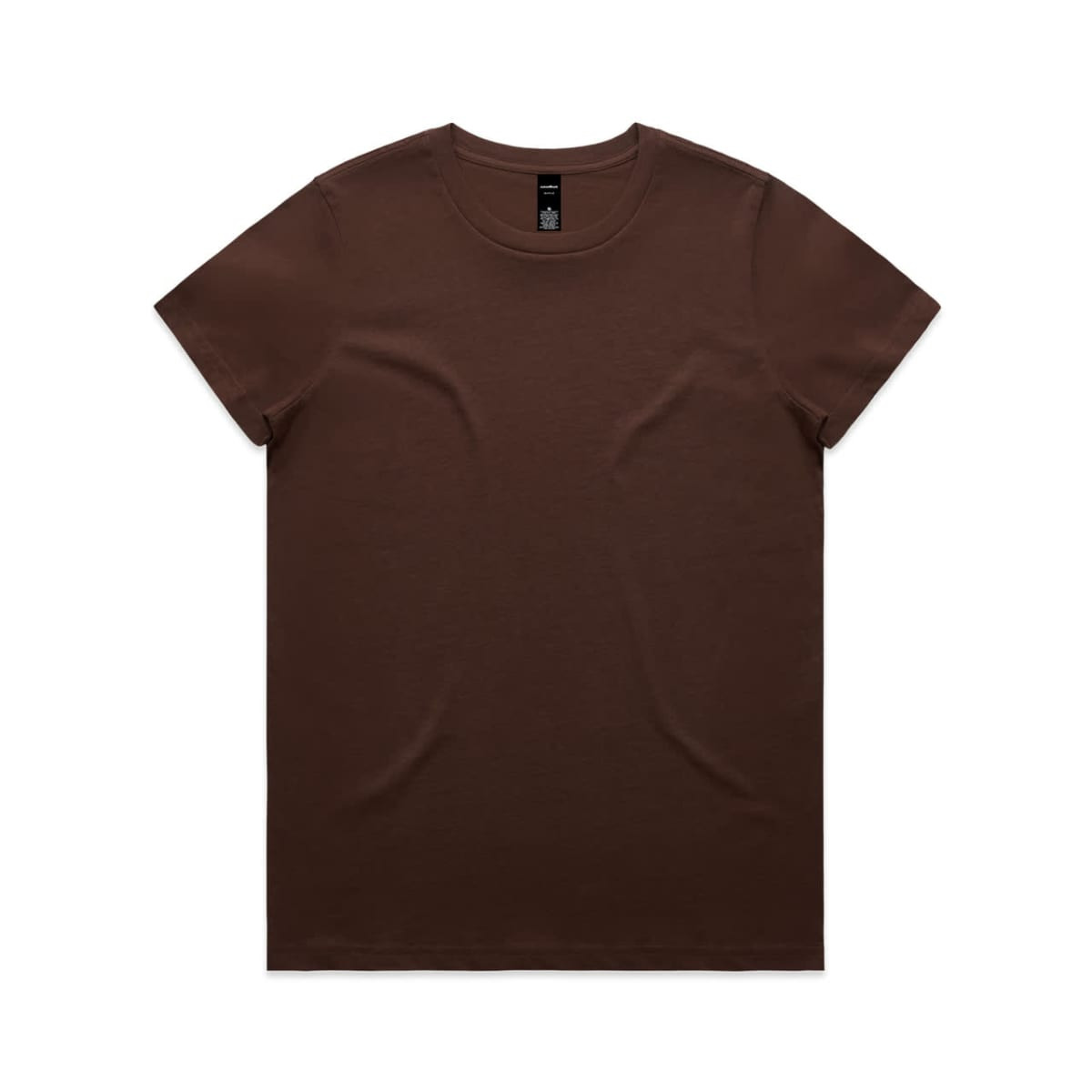 A brown T-shirt laid flat, featuring a simple design and a label at the neckline.