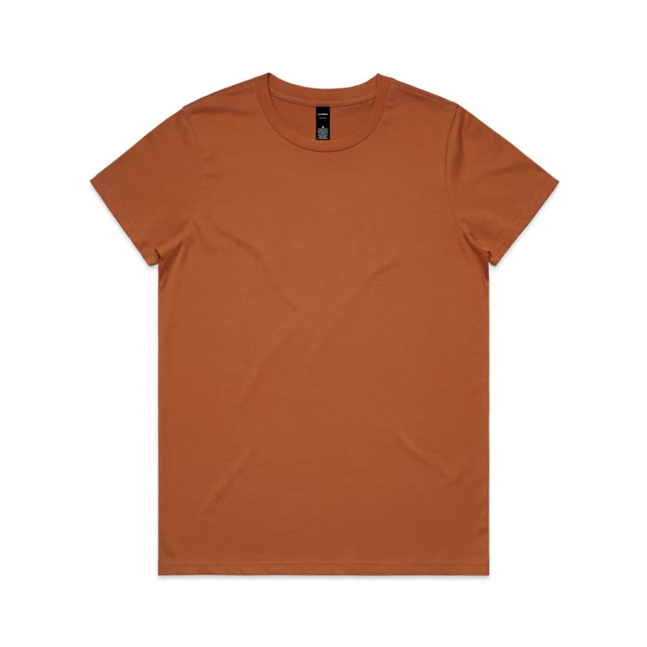 A plain t-shirt in a warm, earthy orange colour. It has a round neckline and a minimalist design.