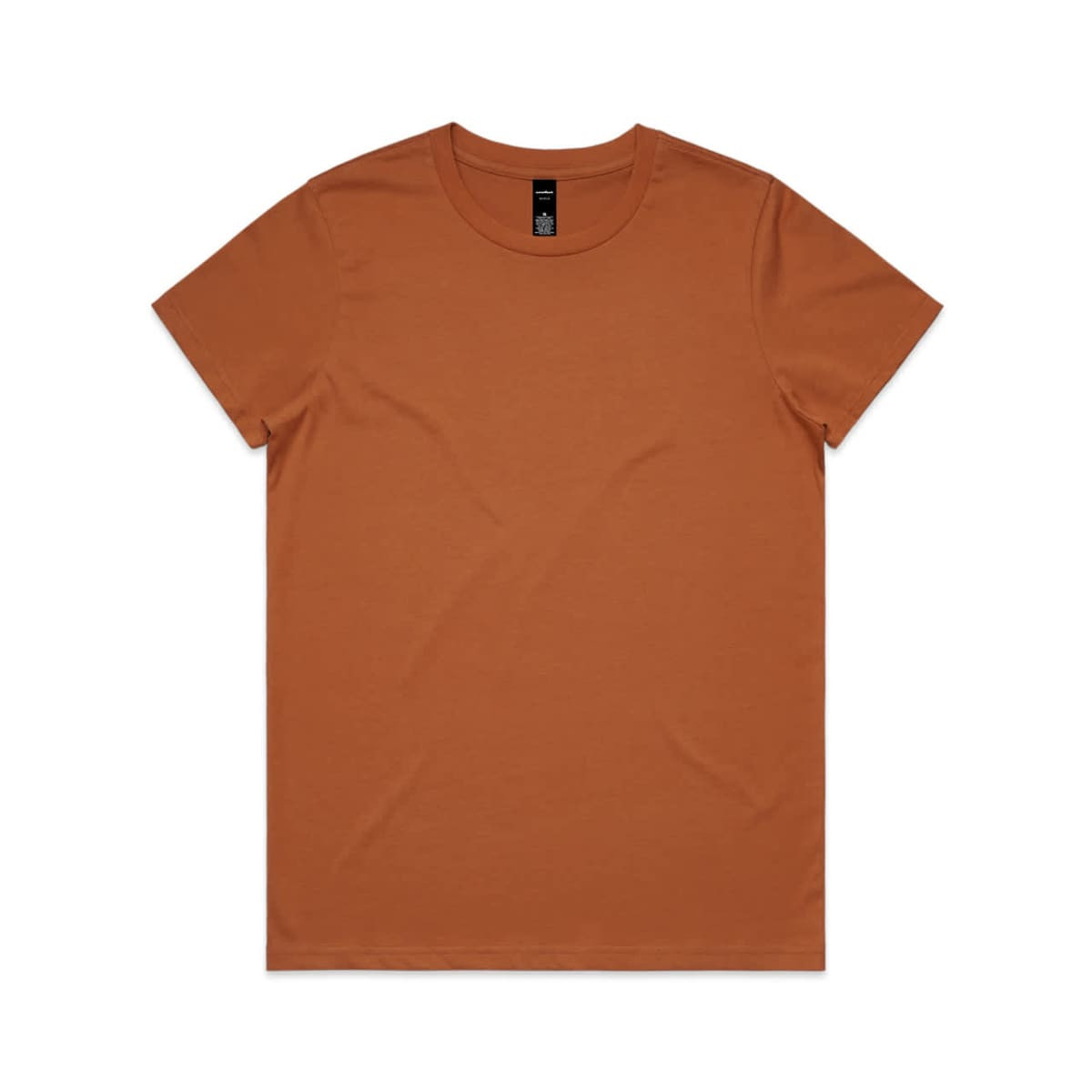 A plain t-shirt in a warm, earthy orange colour. It has a round neckline and a minimalist design.