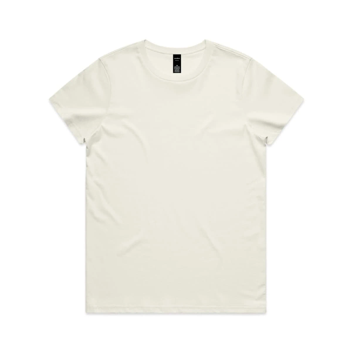 A plain off-white T-shirt featuring a crew neckline and a label at the neck. Minimalistic design with no graphics.