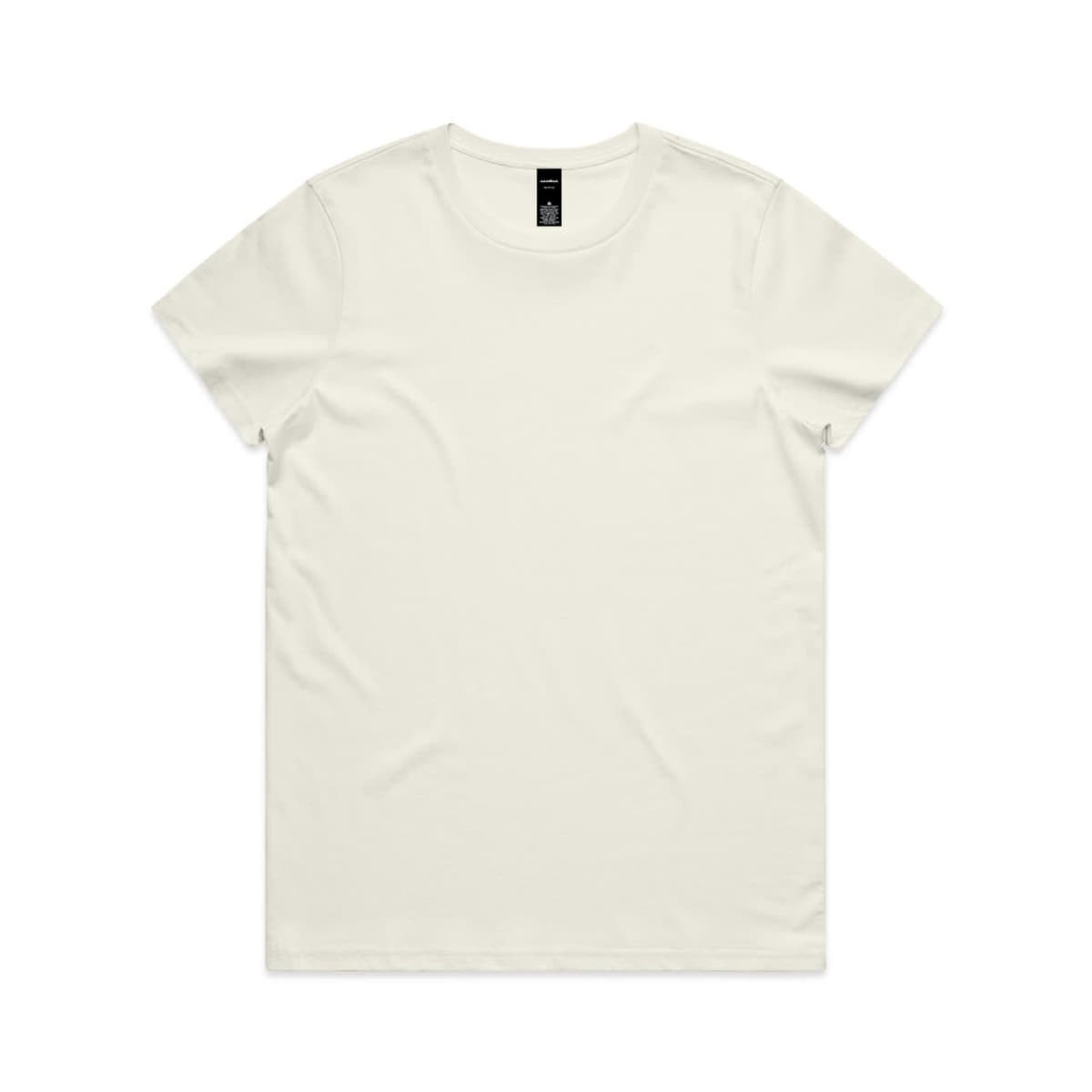 A plain off-white T-shirt featuring a crew neckline and a label at the neck. Minimalistic design with no graphics.
