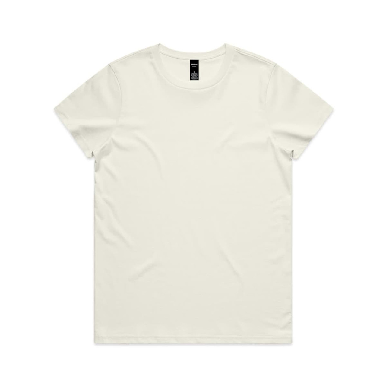 A plain off-white T-shirt featuring a crew neckline and a label at the neck. Minimalistic design with no graphics.
