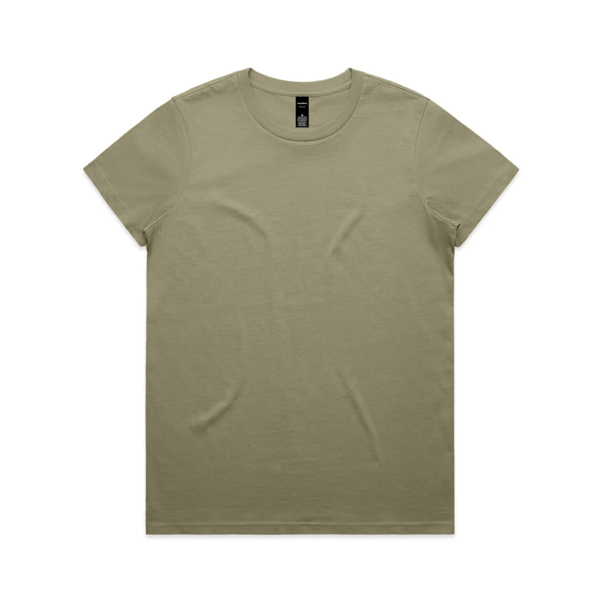 A plain olive green T-shirt with short sleeves and a round neckline, featuring a logo on the label.