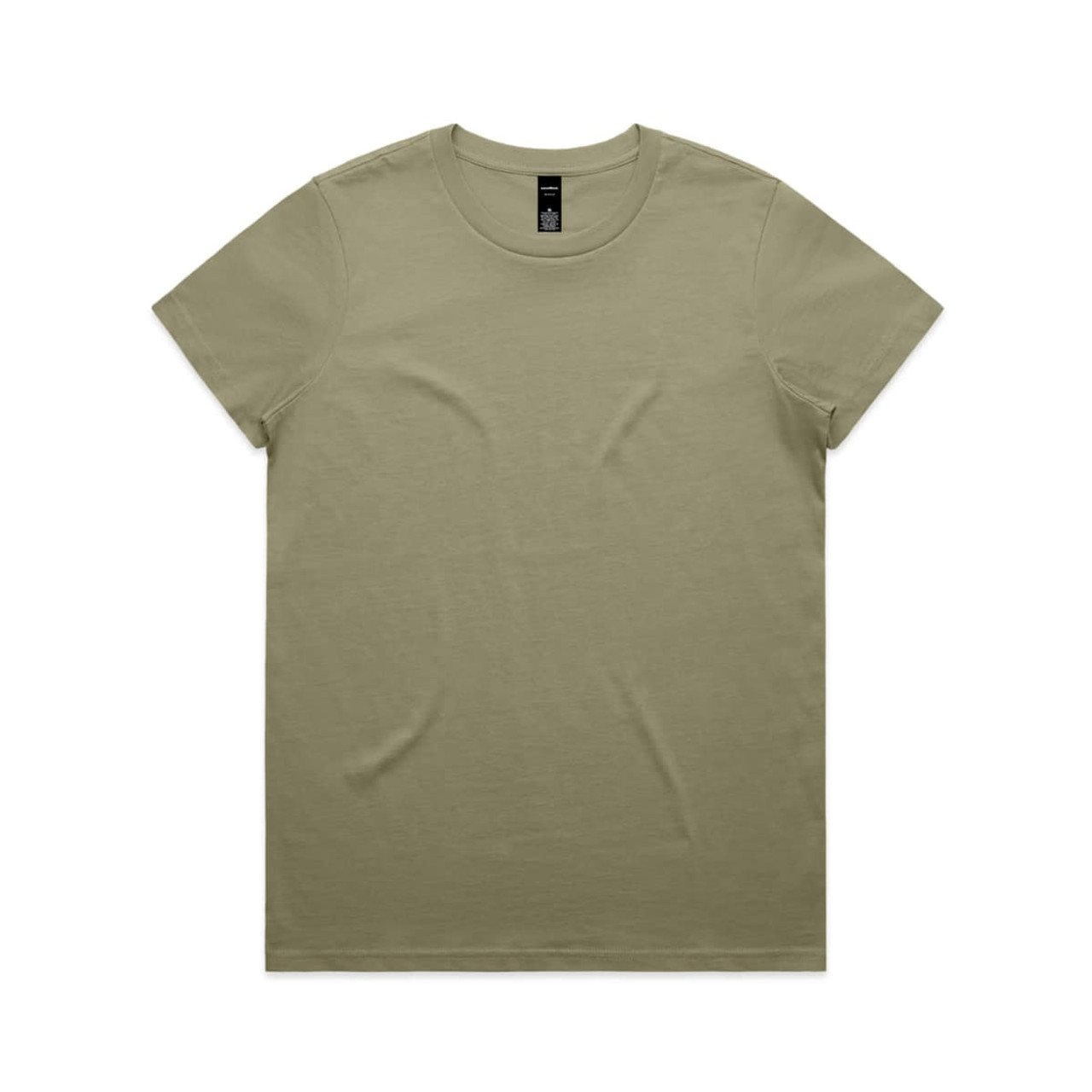 A plain olive green T-shirt with short sleeves and a round neckline, featuring a logo on the label.