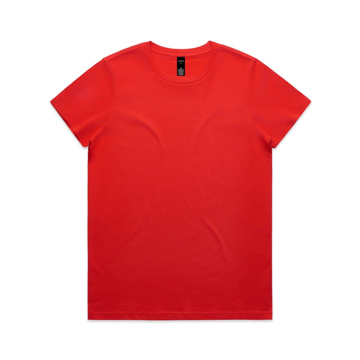 A red t-shirt with a round neckline and short sleeves, featuring a logo on the label.