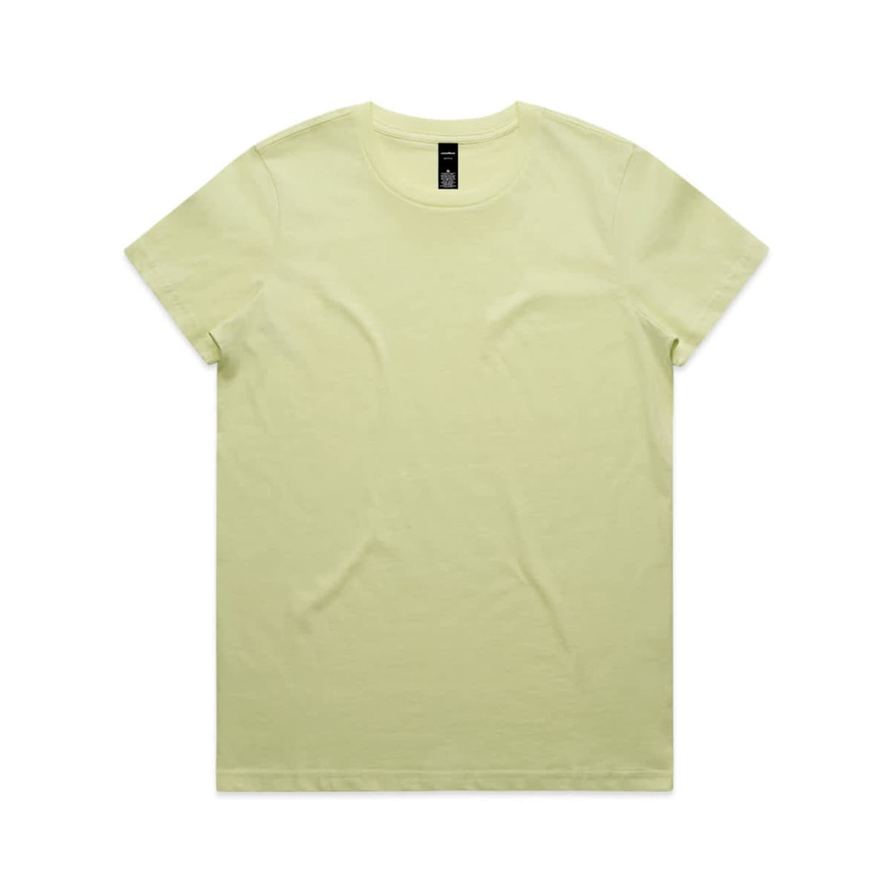 A light yellow T-shirt with a round neckline and short sleeves, featuring a branding label.
