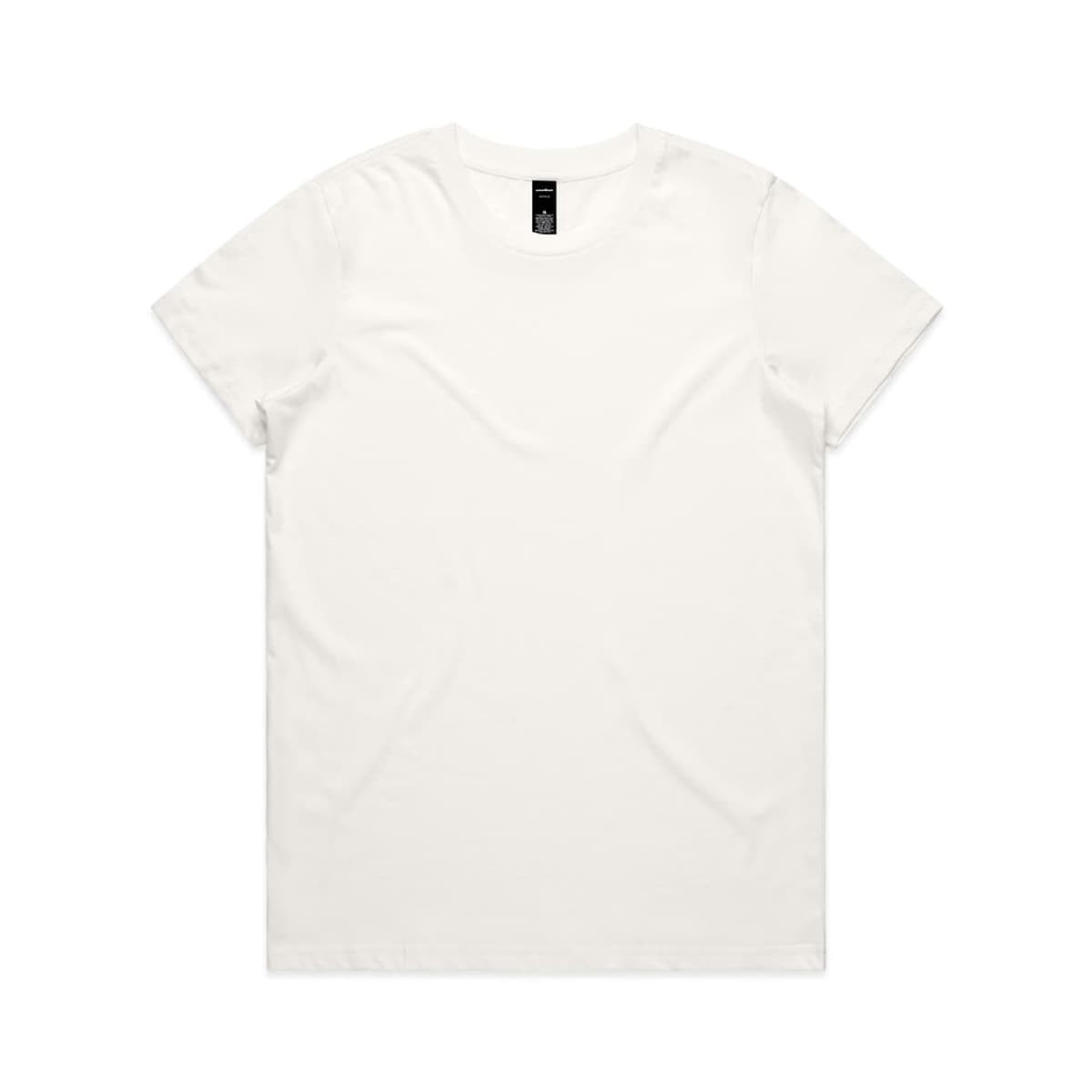 A plain white T-shirt with a round neckline and short sleeves. The shirt features a logo on the label.
